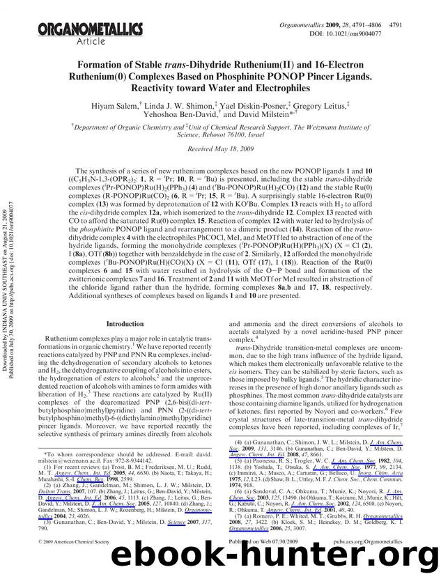 Formation of Stable trans-Dihydride Ruthenium(II) and 16-Electron Ruthenium(0) Complexes Based on Phosphinite PONOP Pincer Ligands. Reactivity toward Water and Electrophiles by unknow