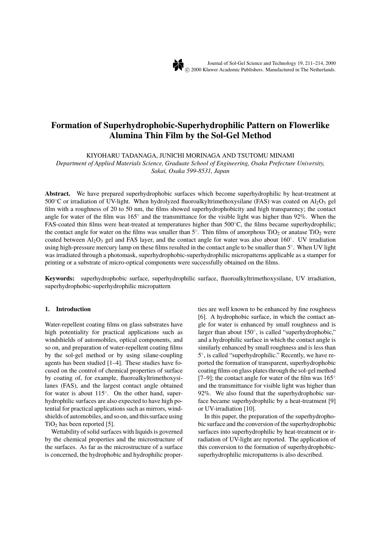 Formation of Superhydrophobic-Superhydrophilic Pattern on Flowerlike Alumina Thin Film by the Sol-Gel Method by Unknown