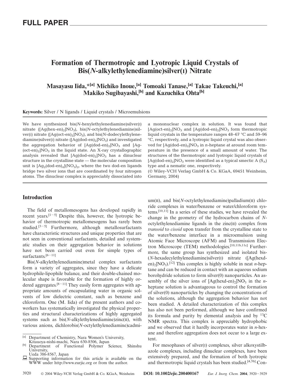 Formation of Thermotropic and Lyotropic Liquid Crystals of Bis(N-alkylethylenediamine)silver(I) Nitrate by Unknown