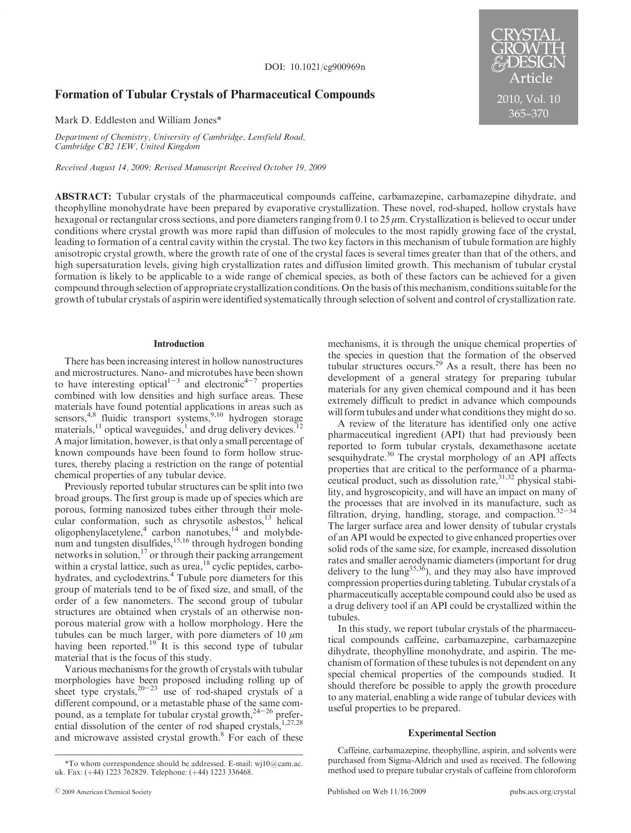 Formation of Tubular Crystals of Pharmaceutical Compounds by Unknown