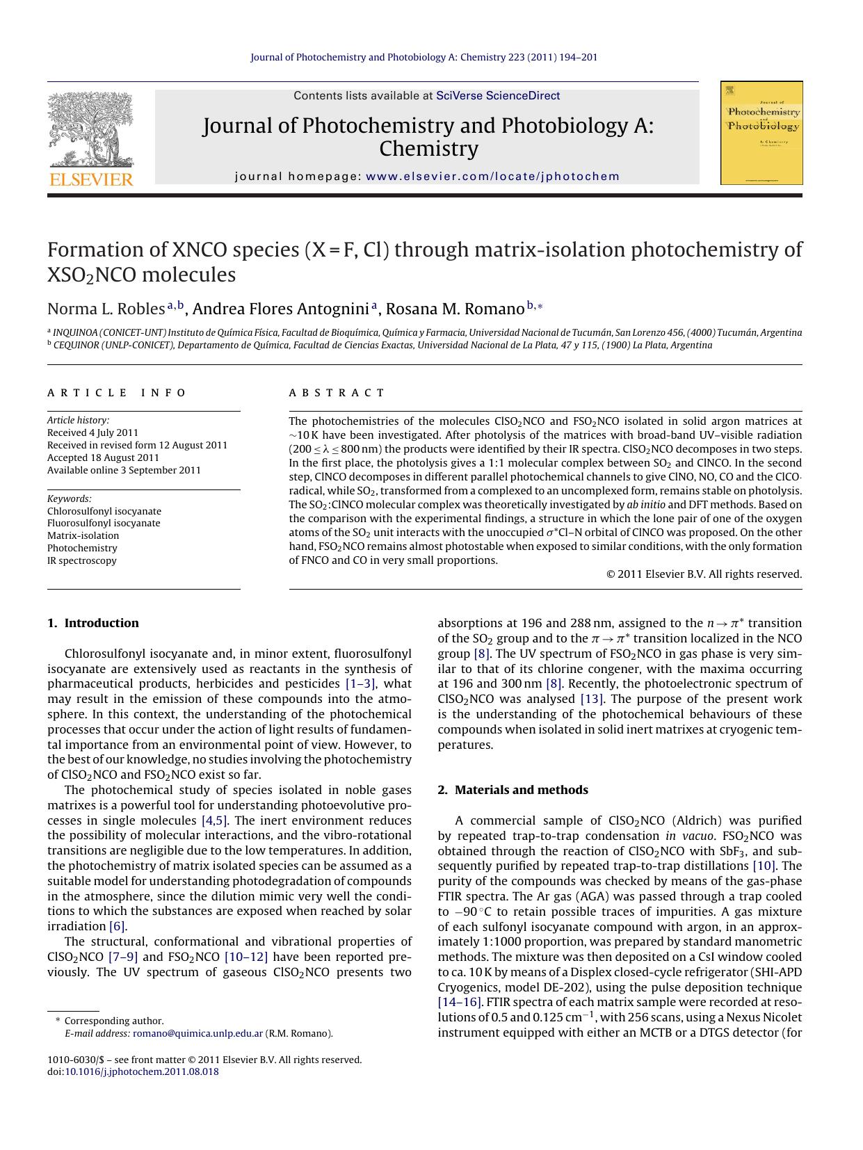 Formation of XNCO species (X=F, Cl) through matrix-isolation photochemistry of XSO2NCO molecules by Norma L. Robles