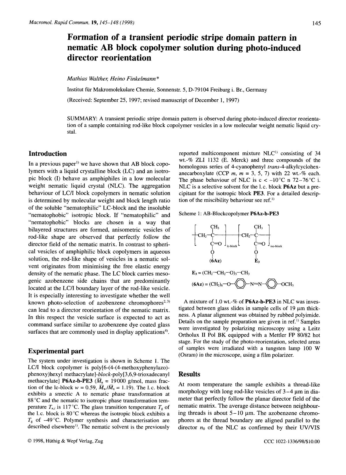 Formation of a transient periodic stripe domain pattern in nematic AB block copolymer solution during photo-induced director reorientation by Unknown