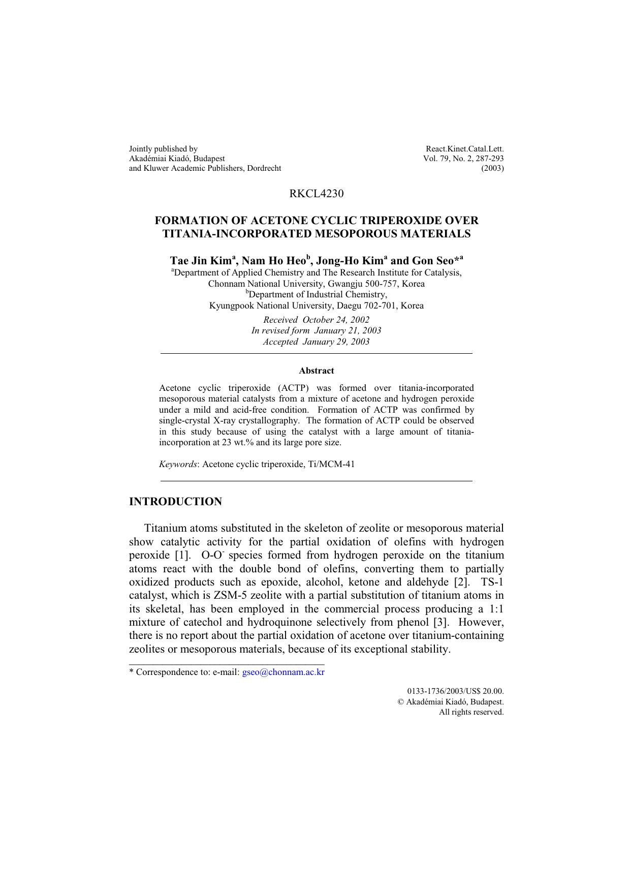 Formation of acetone cyclic triperoxide over titania-incorporated mesoporous materials by Unknown