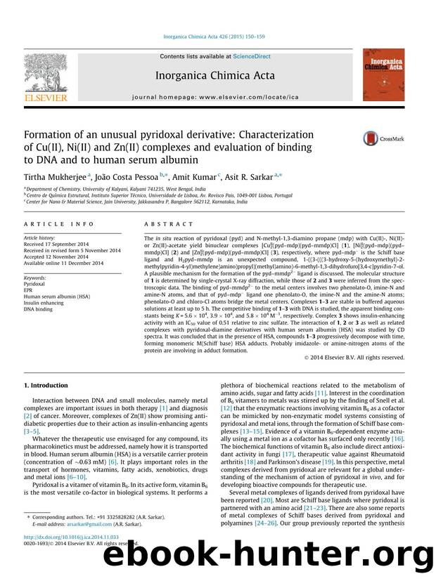 Formation of an unusual pyridoxal derivative: Characterization of Cu(II), Ni(II) and Zn(II) complexes and evaluation of binding to DNA and to human serum albumin by Tirtha Mukherjee & João Costa Pessoa & Amit Kumar & Asit R. Sarkar