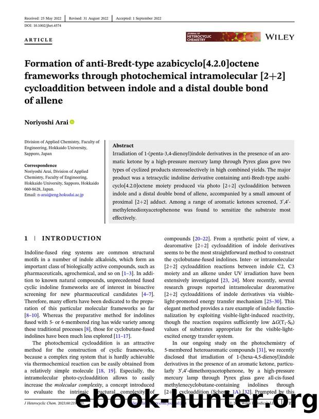 Formation of antiâBredtâtype Azabicyclo[4.2.0]octene Frameworks through Photochemical Intramolecular [2+2] Cycloaddition between Indole and a Distal Double Bond of Allene by Unknown