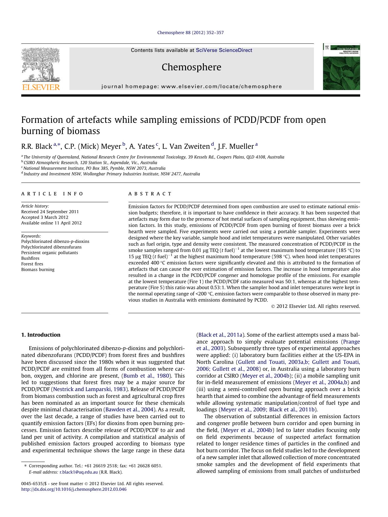 Formation of artefacts while sampling emissions of PCDDPCDF from open burning of biomass by R.R. Black & C.P. (Mick) Meyer & A. Yates & L. Van Zweiten & J.F. Mueller