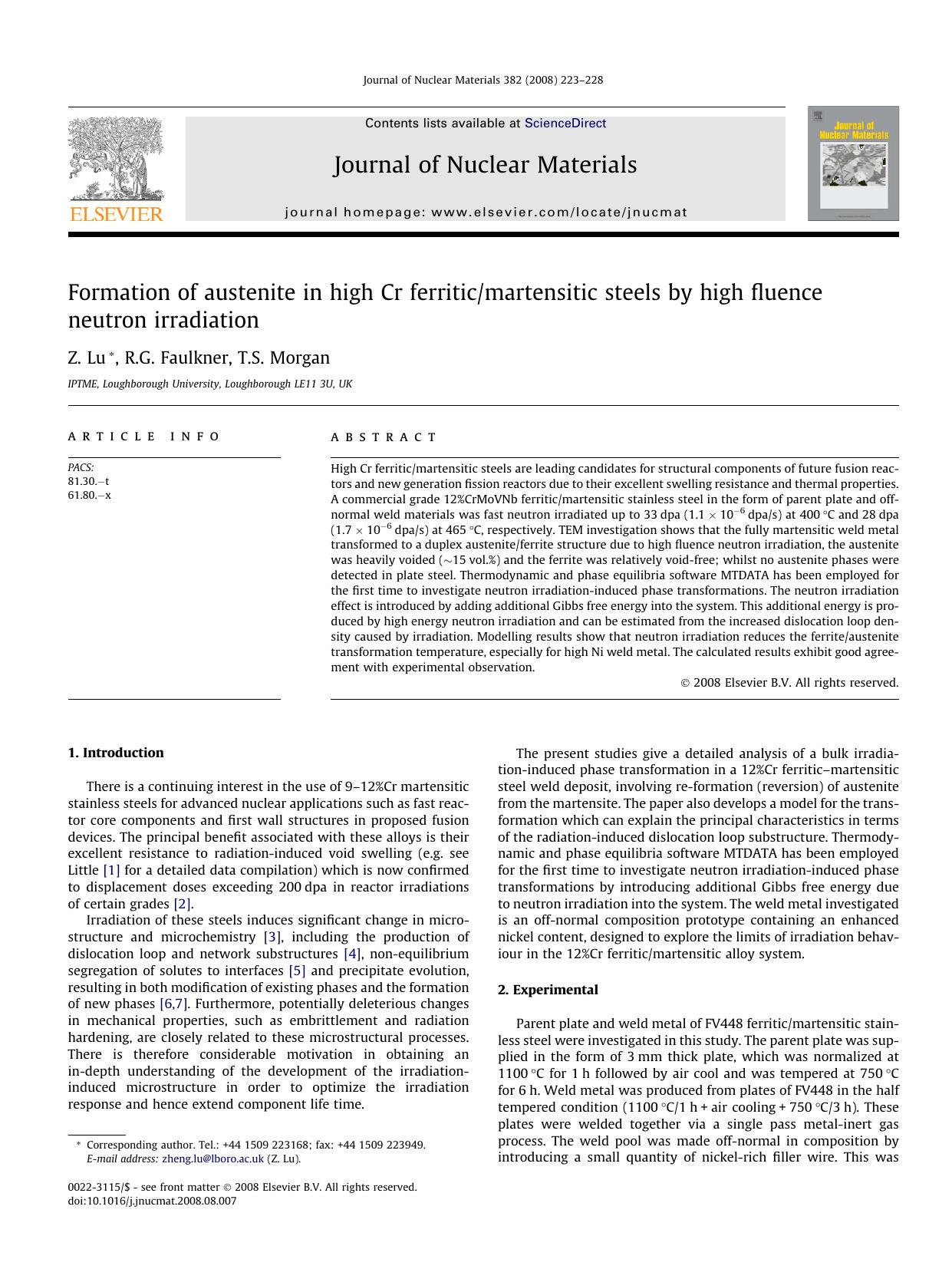 Formation of austenite in high Cr ferriticmartensitic steels by high fluence neutron irradiation by Z. Lu; R.G. Faulkner; T.S. Morgan