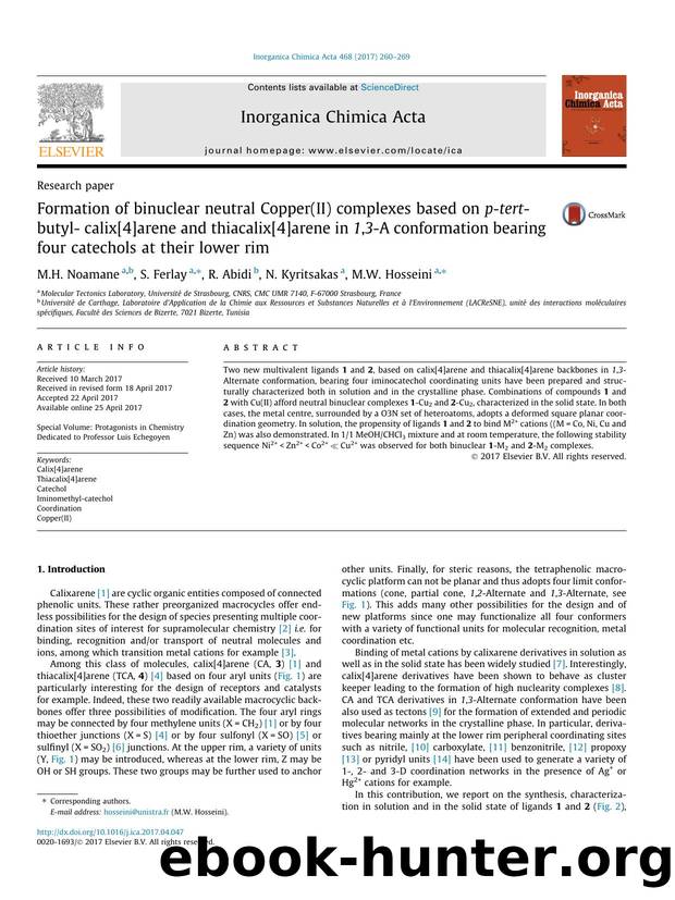 Formation of binuclear neutral Copper(II) complexes based on p-tert-butyl- calix[4]arene and thiacalix[4]arene in 1,3-A conformation bearing four catechols at their lower rim by M.H. Noamane & S. Ferlay & R. Abidi & N. Kyritsakas & M.W. Hosseini
