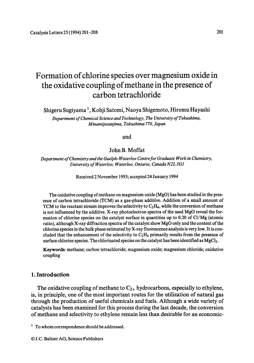 Formation of chlorine species over magnesium oxide in the oxidative coupling of methane in the presence of carbon tetrachloride by Unknown