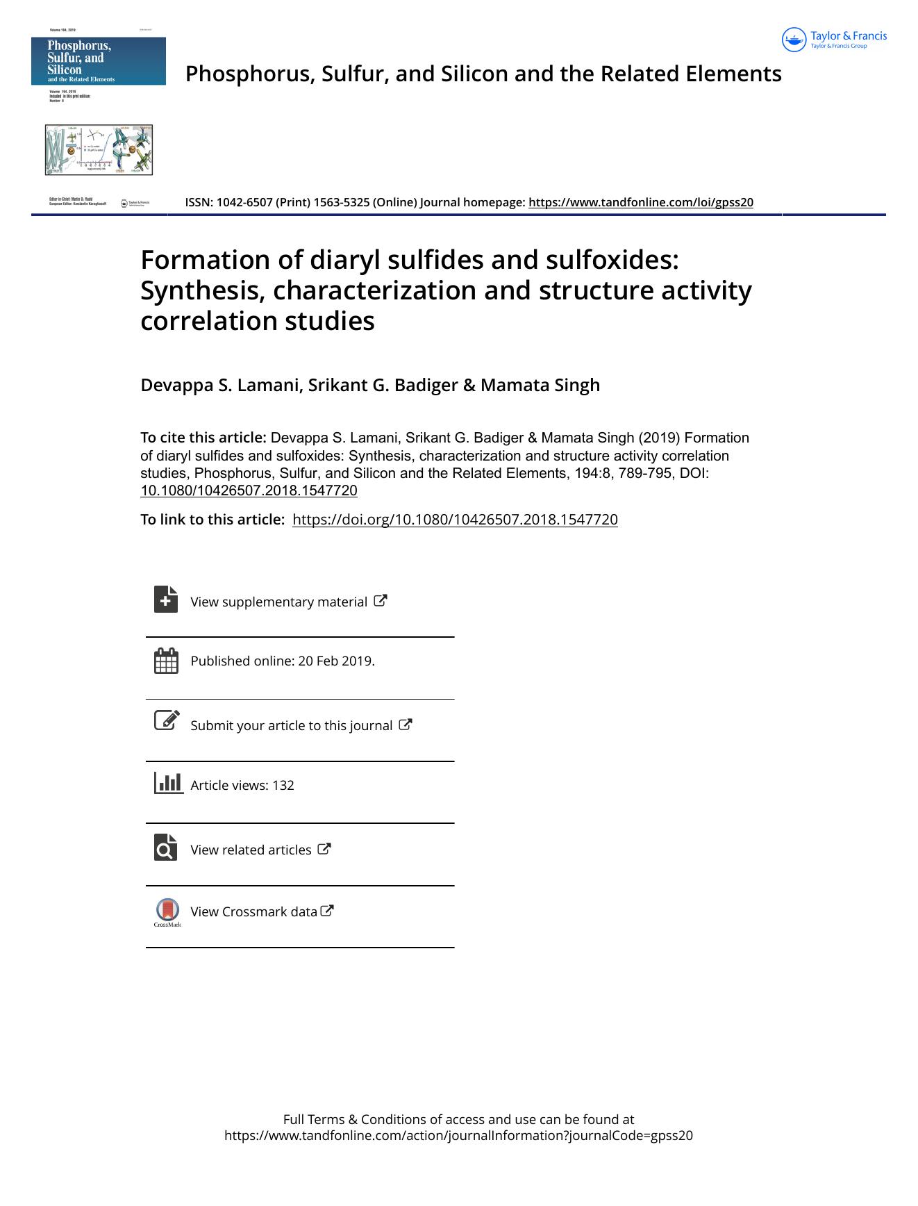 Formation of diaryl sulfides and sulfoxides: Synthesis, characterization and structure activity correlation studies by Lamani Devappa S. & Badiger Srikant G. & Singh Mamata