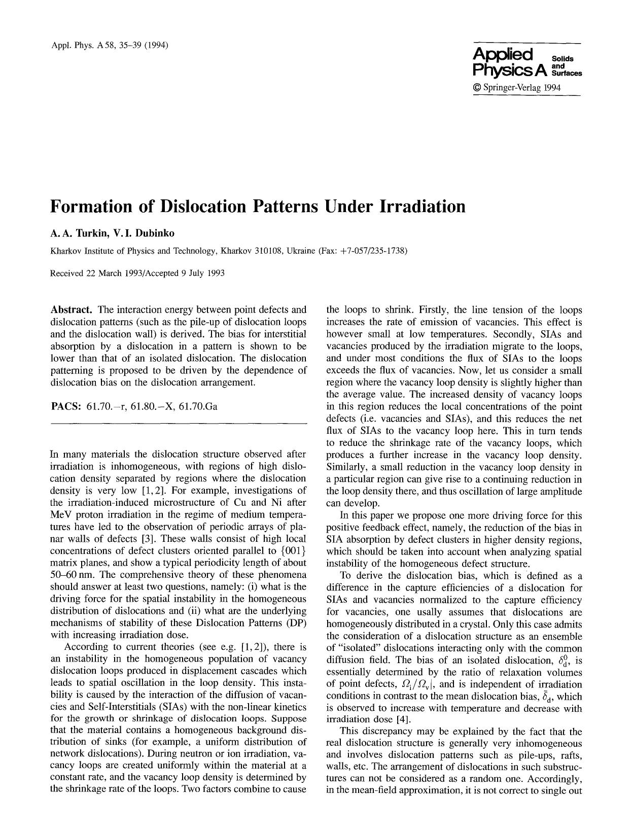 Formation of dislocation patterns under irradiation by Unknown