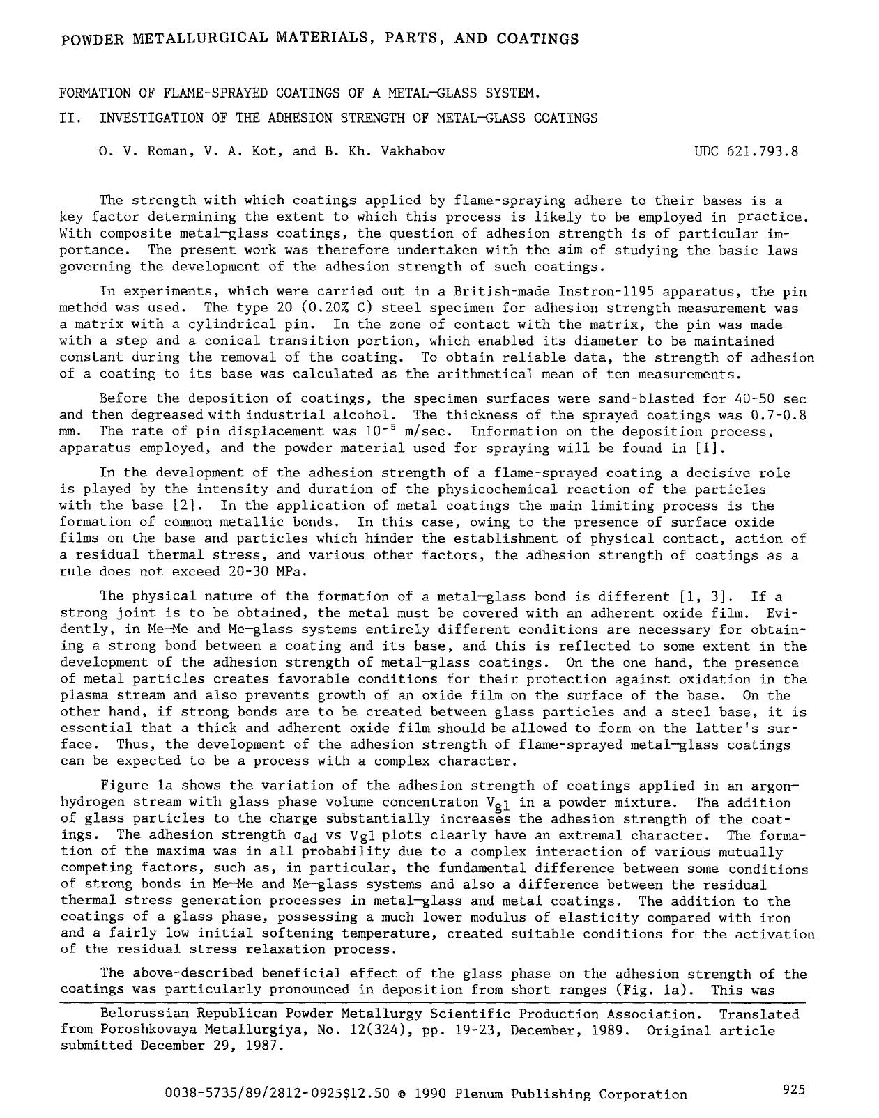 Formation of flame-sprayed coatings of a metal-glass system. II. Investigation of the adhesion strength of metal-glass coatings by Unknown