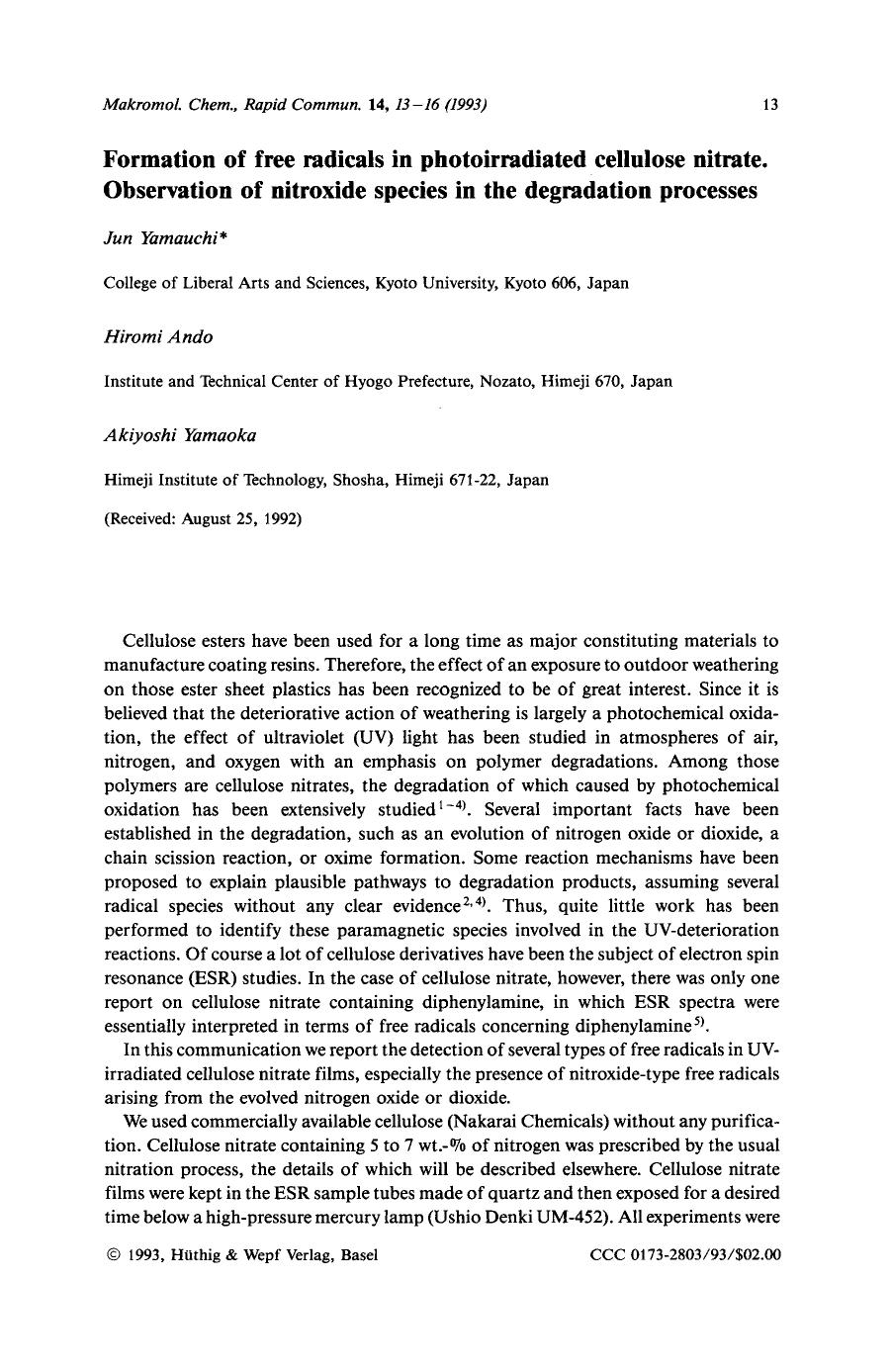 Formation of free radicals in photoirradiated cellulose nitrate. Observation of nitroxide species in the degradation processes by Unknown