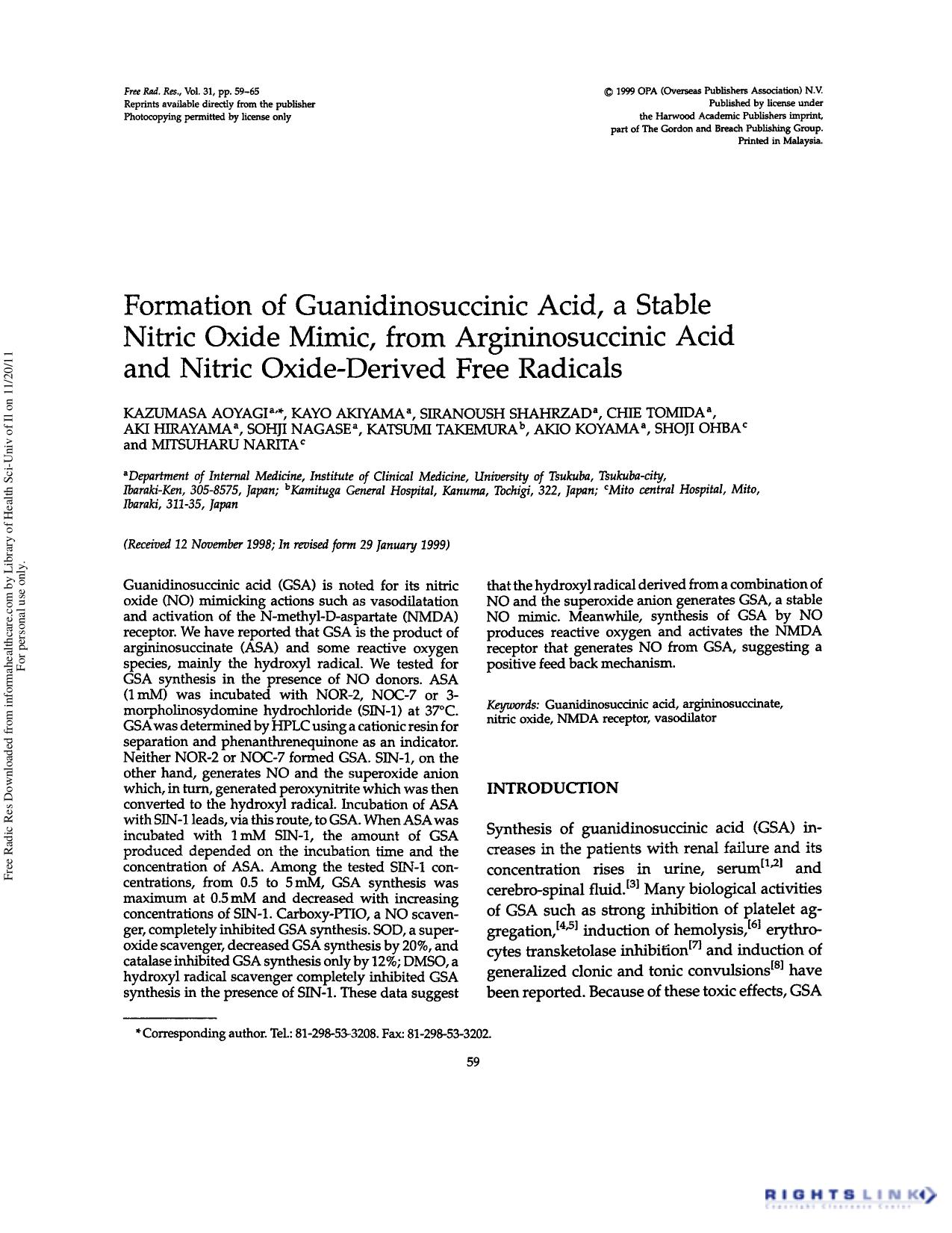 Formation of guanidinosuccinic acid, a stable nitrix oxide mimic, from argininosuccinic acid and nitric oxide-derived free radicals by unknow