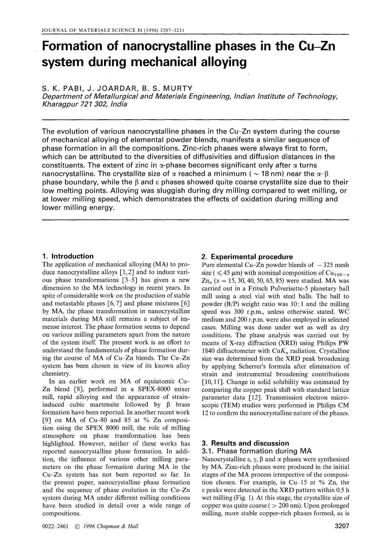 Formation of nanocrystalline phases in the Cu-Zn system during mechanical alloying by Unknown