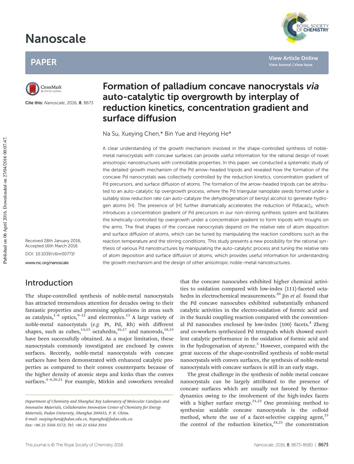 Formation of palladium concave nanocrystals via auto-catalytic tip overgrowth by interplay of reduction kinetics, concentration gradient and surface diffusion by Na Su Xueying Chen Bin Yue Heyong He