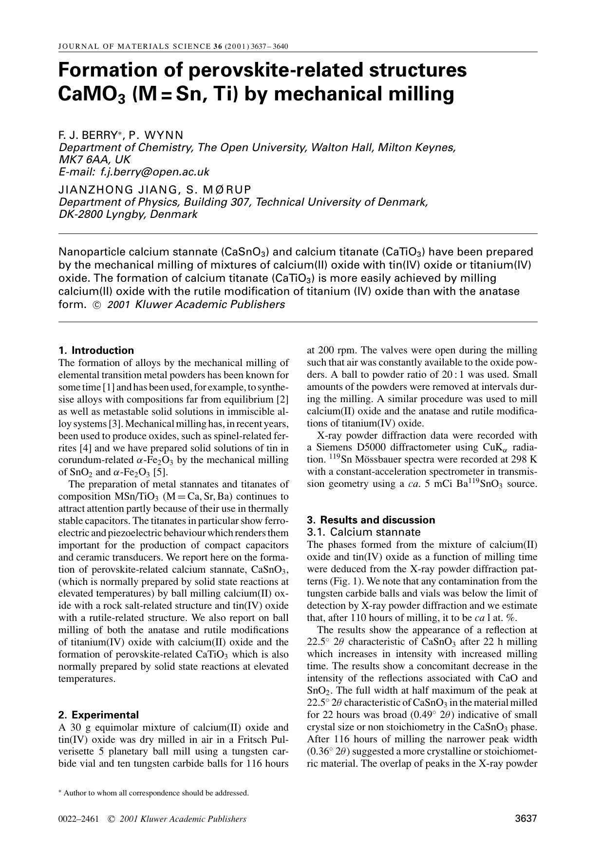 Formation of perovskite-related structures CaMO3 (M = Sn, Ti) by mechanical milling by Unknown