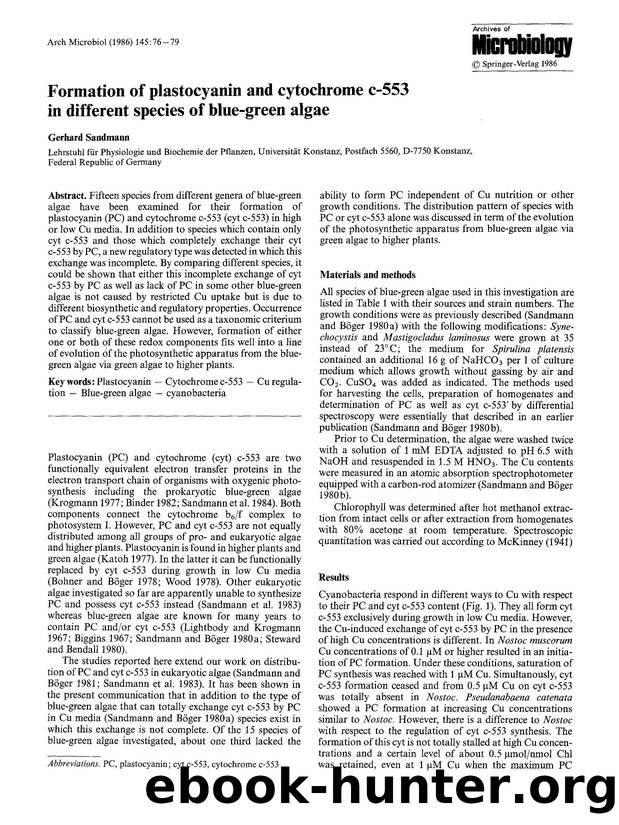Formation of plastocyanin and cytochrome c-553 in different species of blue-green algae by Unknown