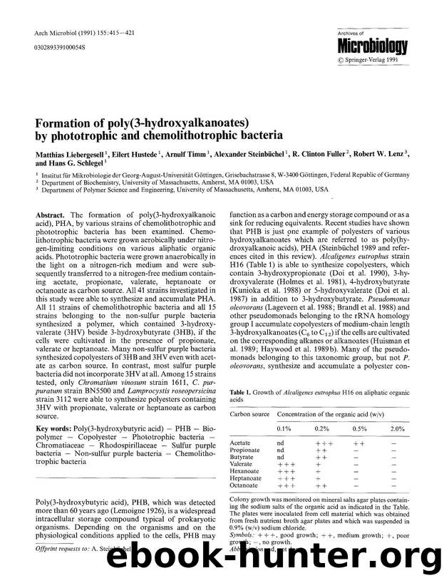 Formation of poly(3-hydroxyalkanoates) by phototrophic and chemolithotrophic bacteria by Unknown
