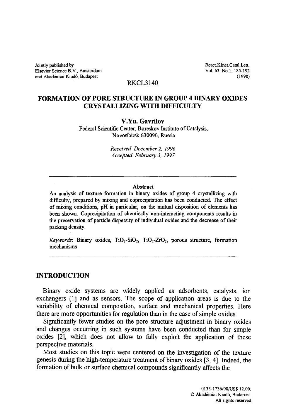 Formation of pore structure in group 4 binary oxides crystallizing with difficulty by Unknown