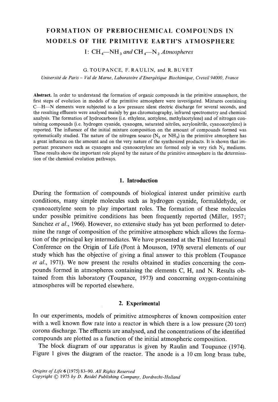 Formation of prebiochemical compounds in models of the primitive Earth's atmosphere by Unknown