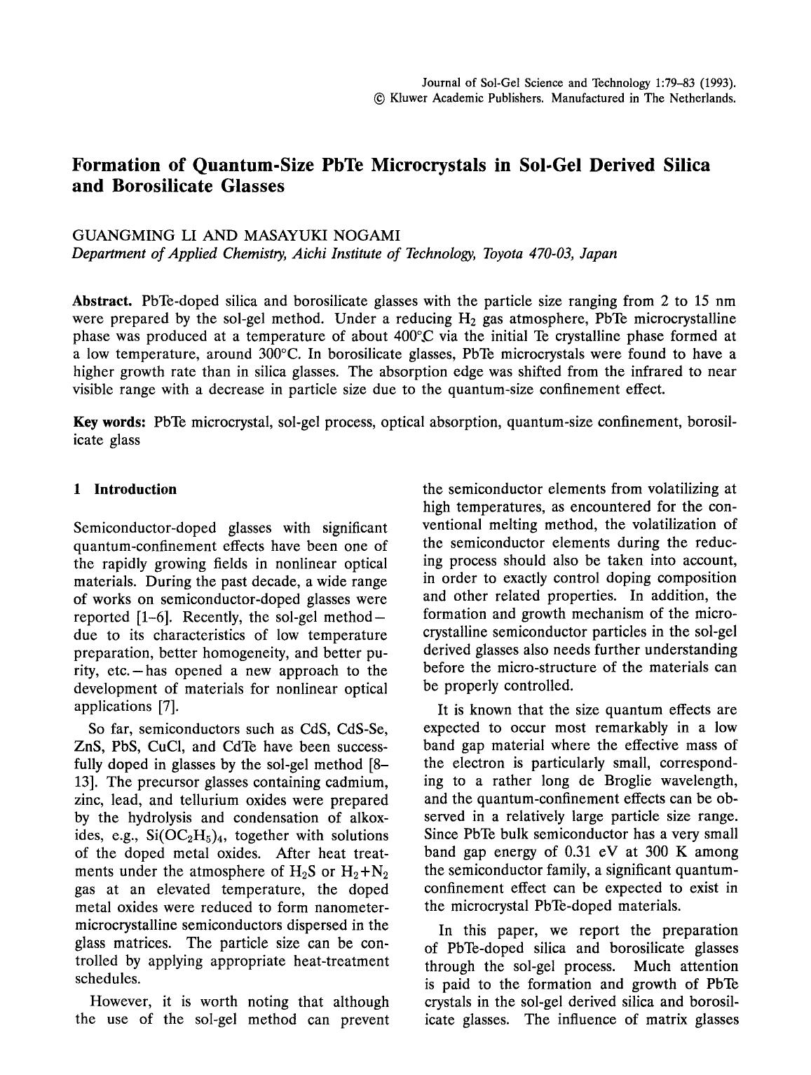 Formation of quantum-size PbTe microcrystals in sol-gel derived silica and borosilicate glasses by Unknown