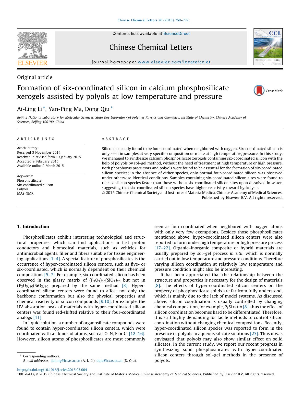 Formation of six-coordinated silicon in calcium phosphosilicate xerogels assisted by polyols at low temperature and pressure by Ai-Ling Li & Yan-Ping Ma & Dong Qiu