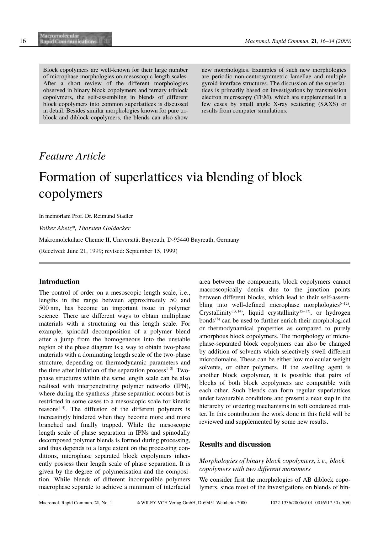 Formation of superlattices via blending of block copolymers by Unknown