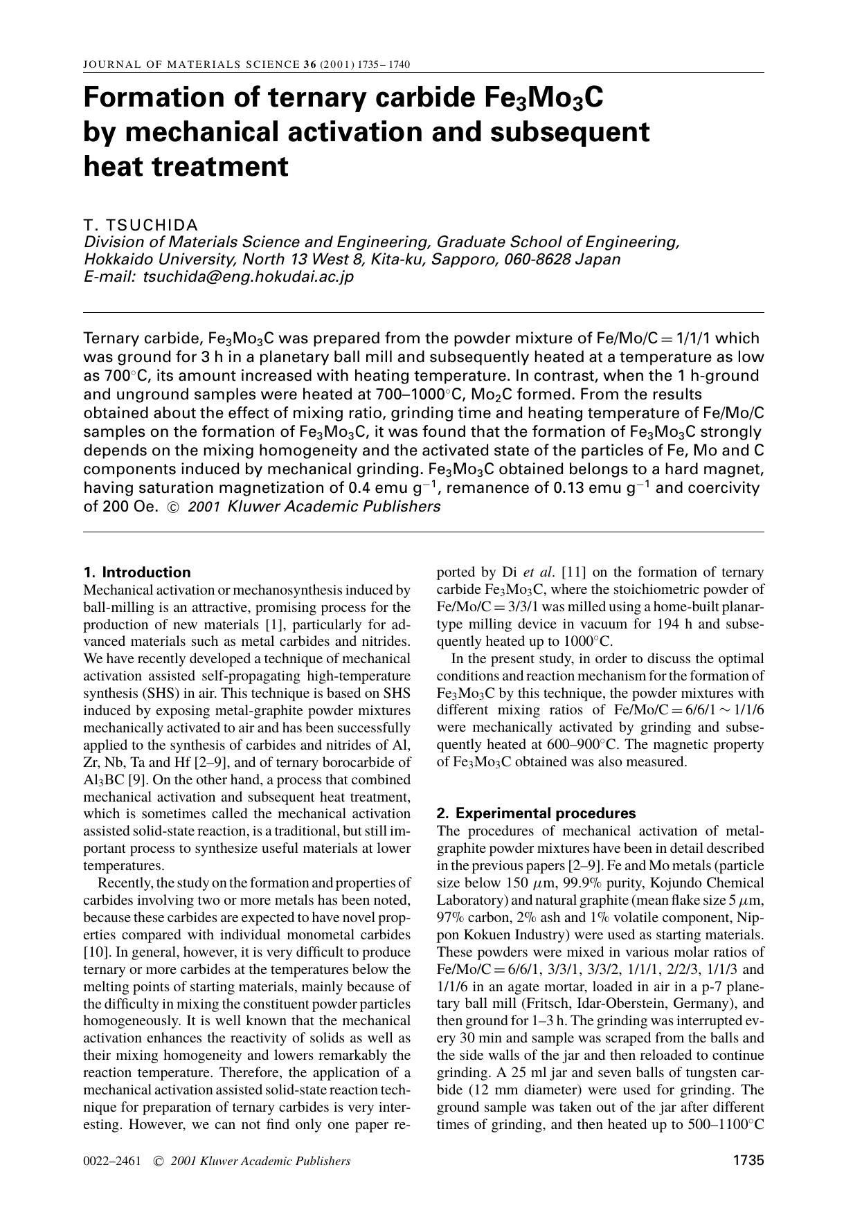 Formation of ternary carbide Fe3Mo3C by mechanical activation and subsequent heat treatment by Unknown