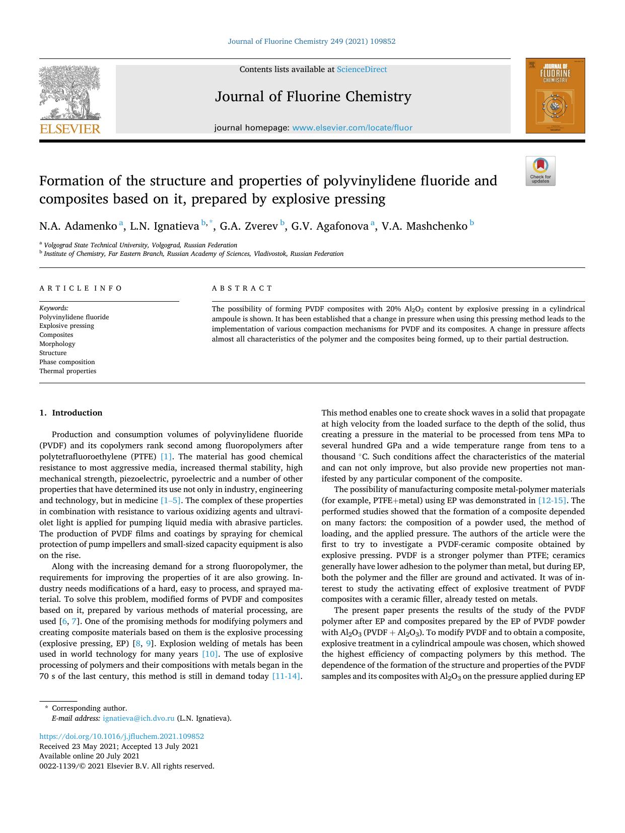 Formation of the structure and properties of polyvinylidene fluoride and composites based on it, prepared by explosive pressing by N.A. Adamenko & L.N. Ignatieva & G.A. Zverev & G.V. Agafonova & V.A. Mashchenko