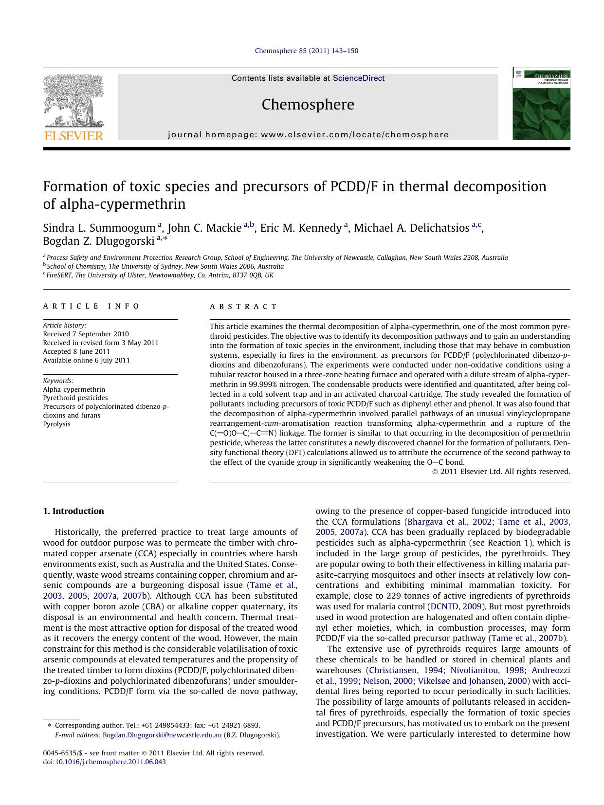 Formation of toxic species and precursors of PCDDF in thermal decomposition of alpha-cypermethrin by unknow