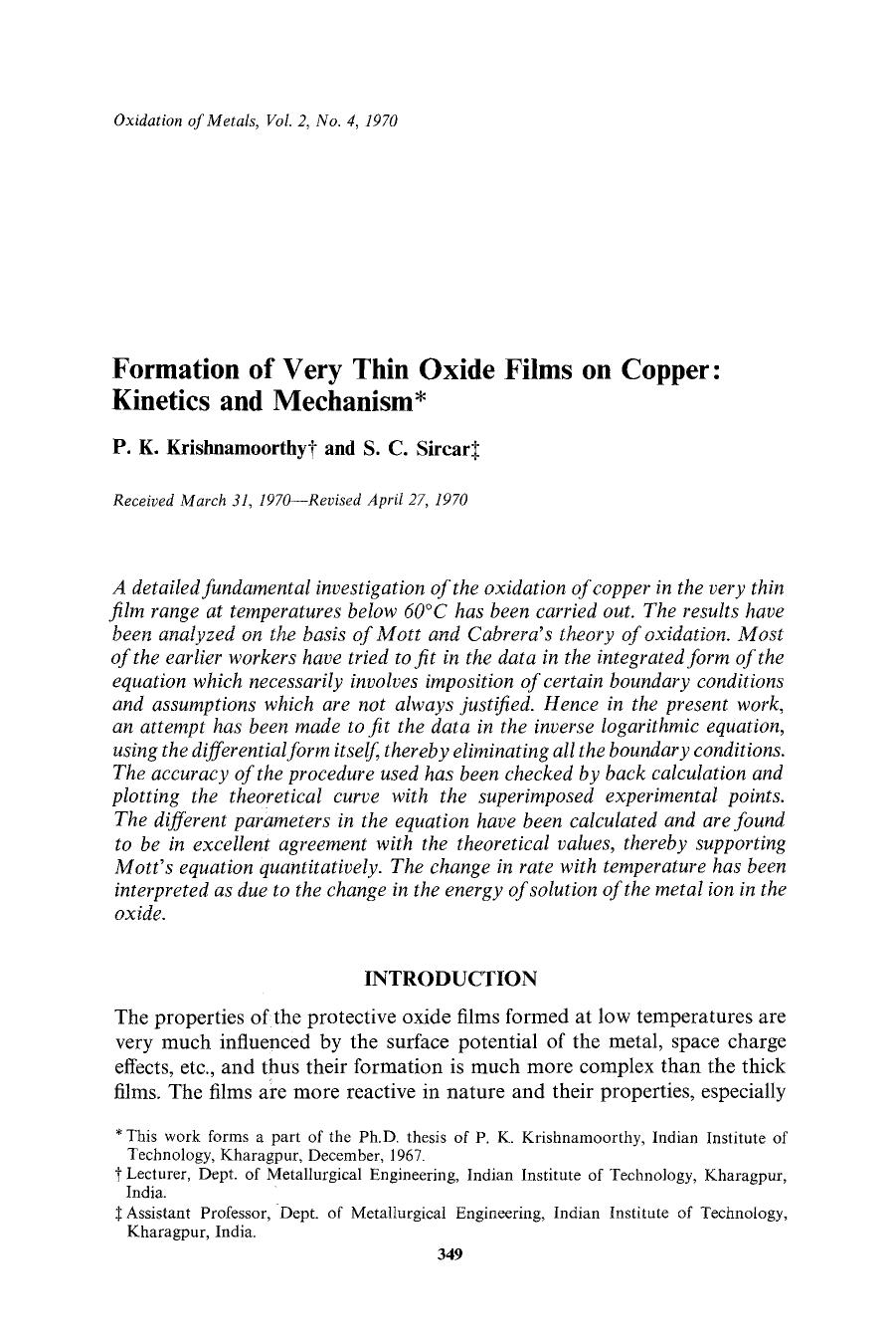 Formation of very thin oxide films on copper: Kinetics and mechanism by Unknown