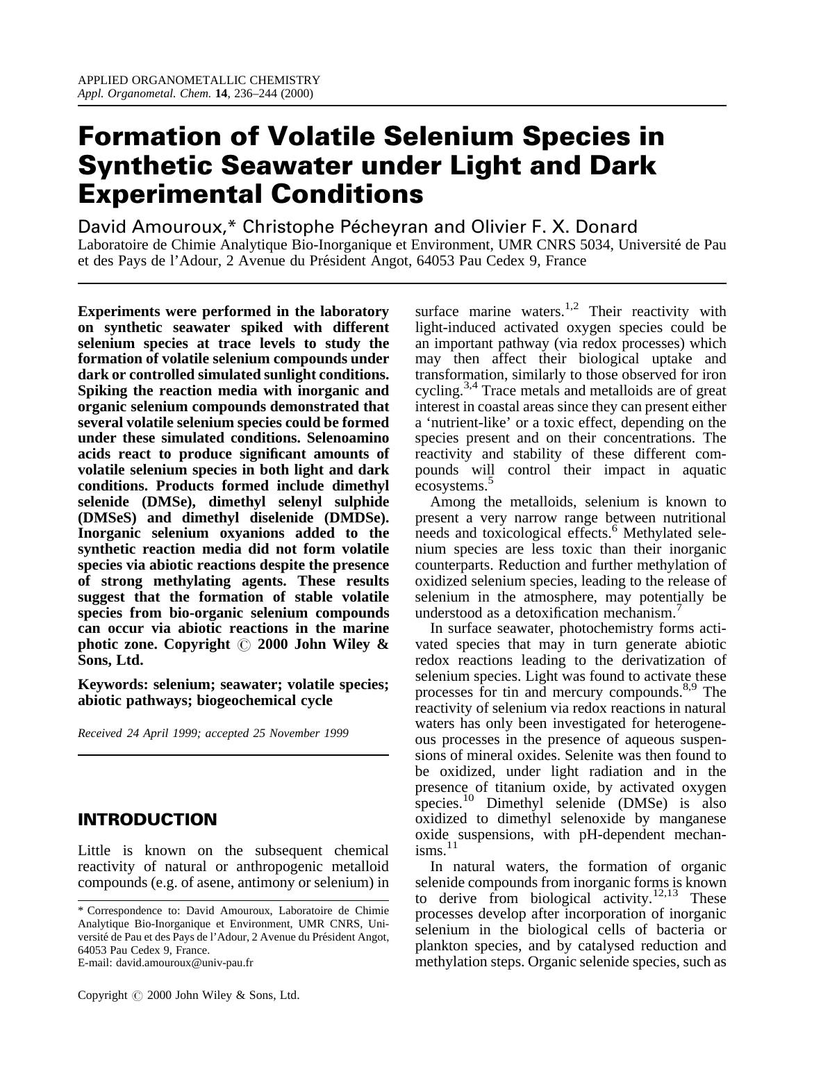 Formation of volatile selenium species in synthetic seawater under light and dark experimental conditions by Unknown