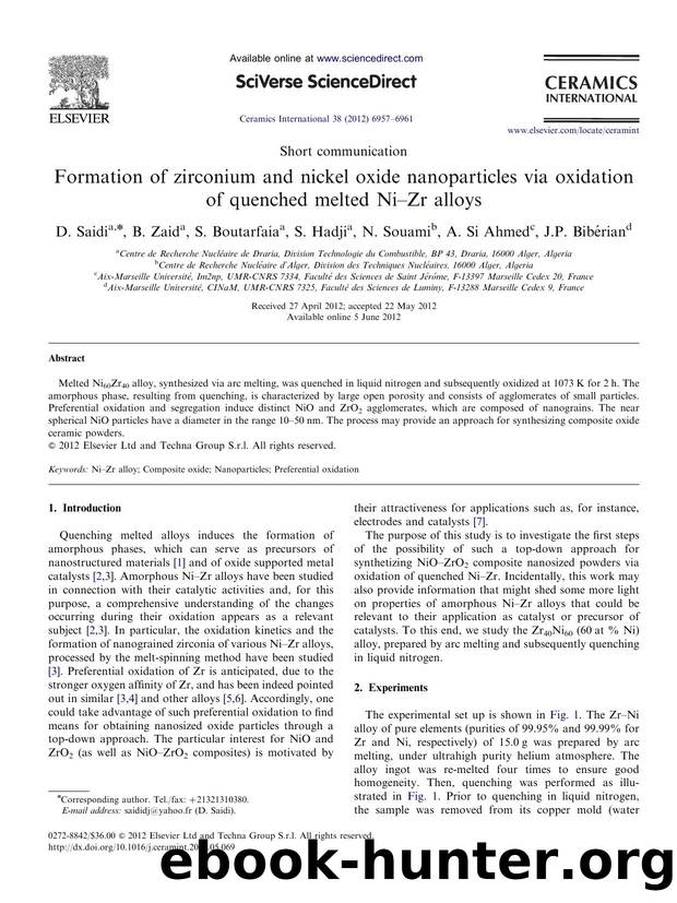 Formation of zirconium and nickel oxide nanoparticles via oxidation of quenched melted NiâZr alloys by D. Saidi & B. Zaid & S. Boutarfaia & S. Hadji & N. Souami & A. Si Ahmed & J.P. Bibérian
