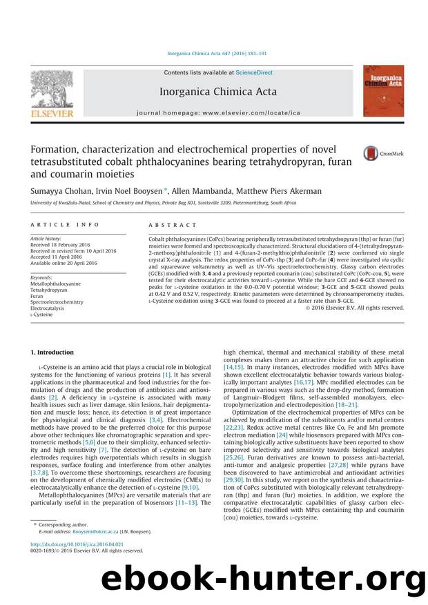 Formation, characterization and electrochemical properties of novel tetrasubstituted cobalt phthalocyanines bearing tetrahydropyran, furan and coumarin moieties by Sumayya Chohan & Irvin Noel Booysen & Allen Mambanda & Matthew Piers Akerman