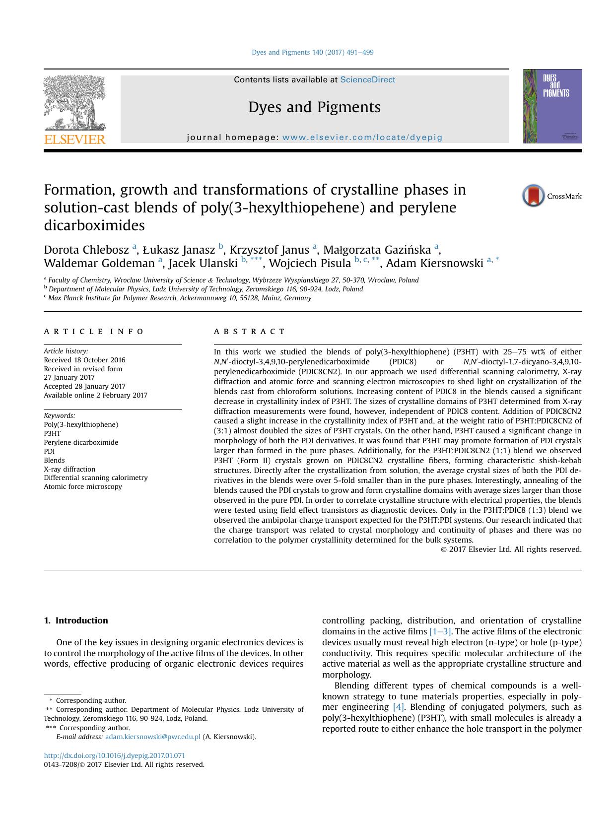 Formation, growth and transformations of crystalline phases in solution-cast blends of poly(3-hexylthiopehene) and perylene dicarboximides by unknow