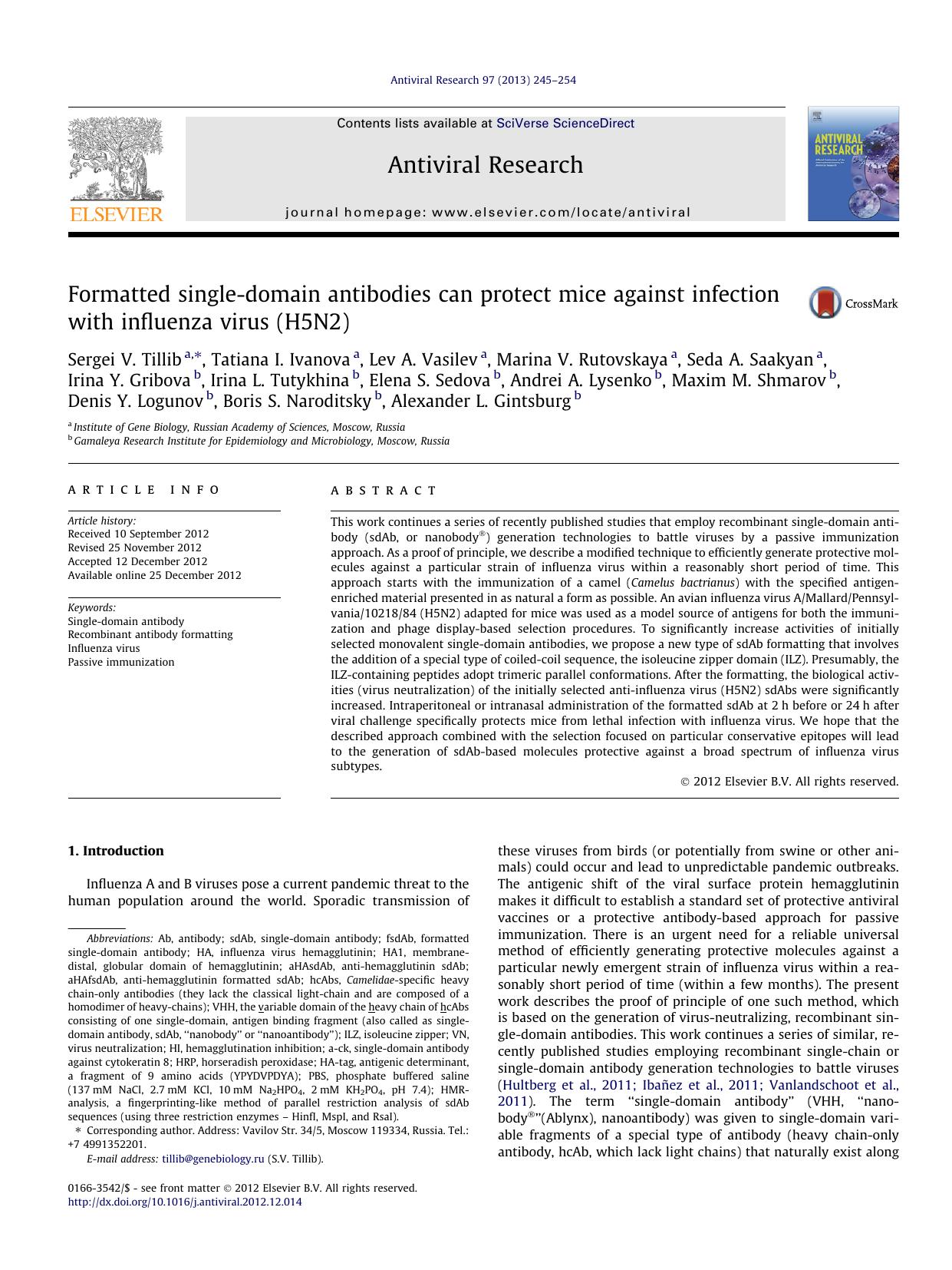 Formatted single-domain antibodies can protect mice against infection with influenza virus (H5N2) by unknow