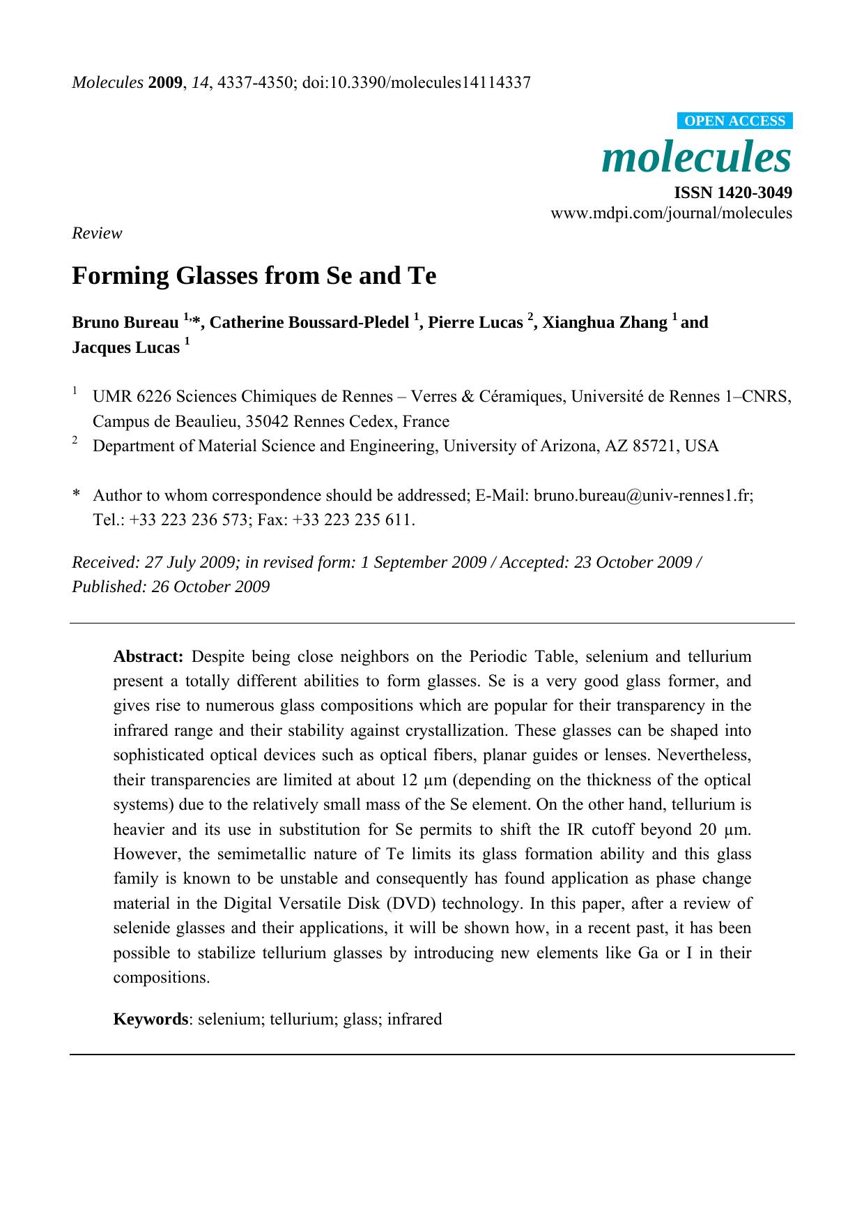 Forming Glasses from Se and Te by Bruno Bureau & Catherine Boussard-Pledel & Pierre Lucas & Xianghua Zhang & Jacques Lucas