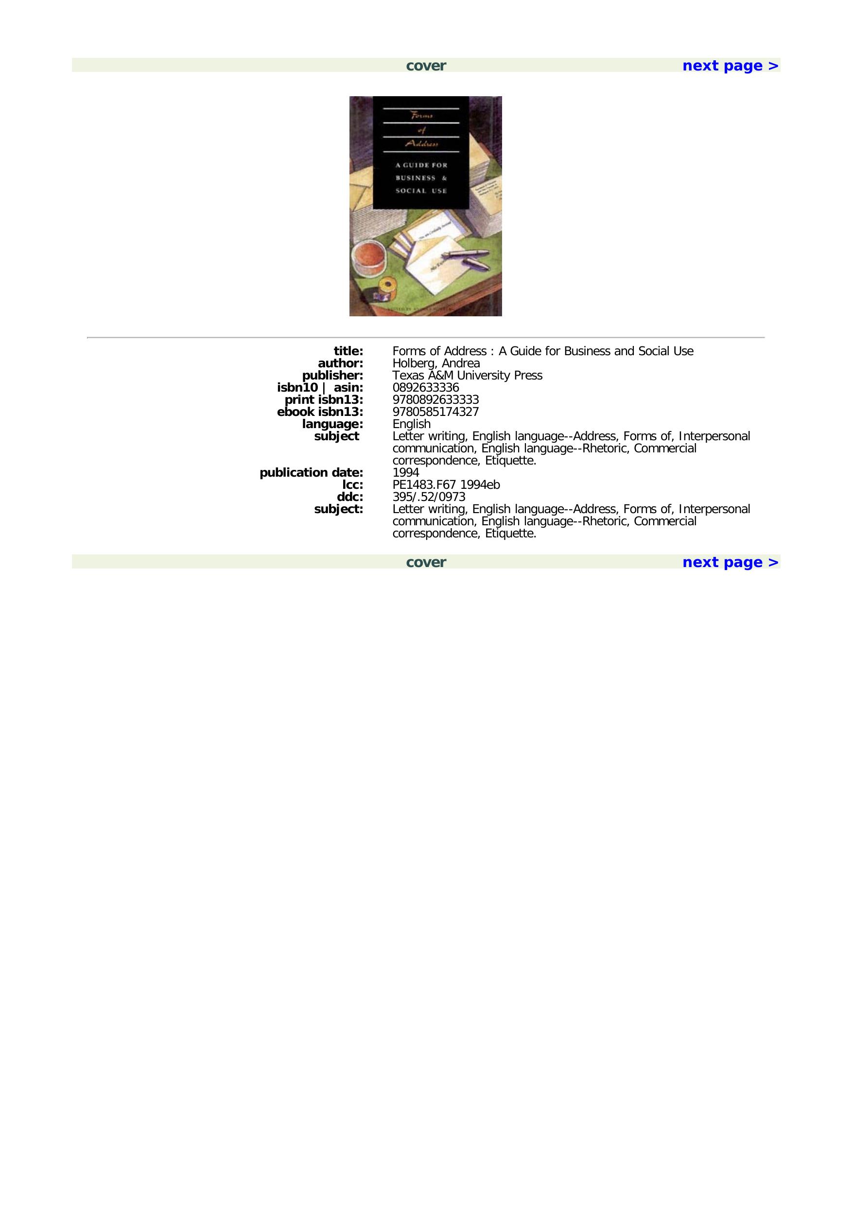 Forms of address: a guide for business and social use by Andrea Holberg