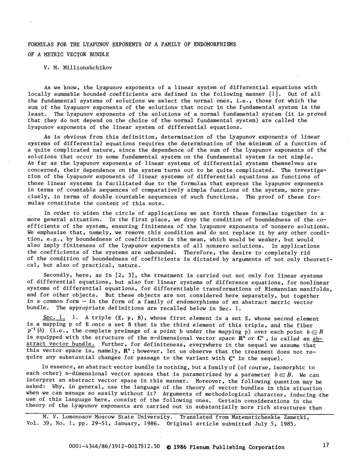 Formulas for the Lyapunov exponents of a family of endomorphisms of a metric vector bundle by Unknown