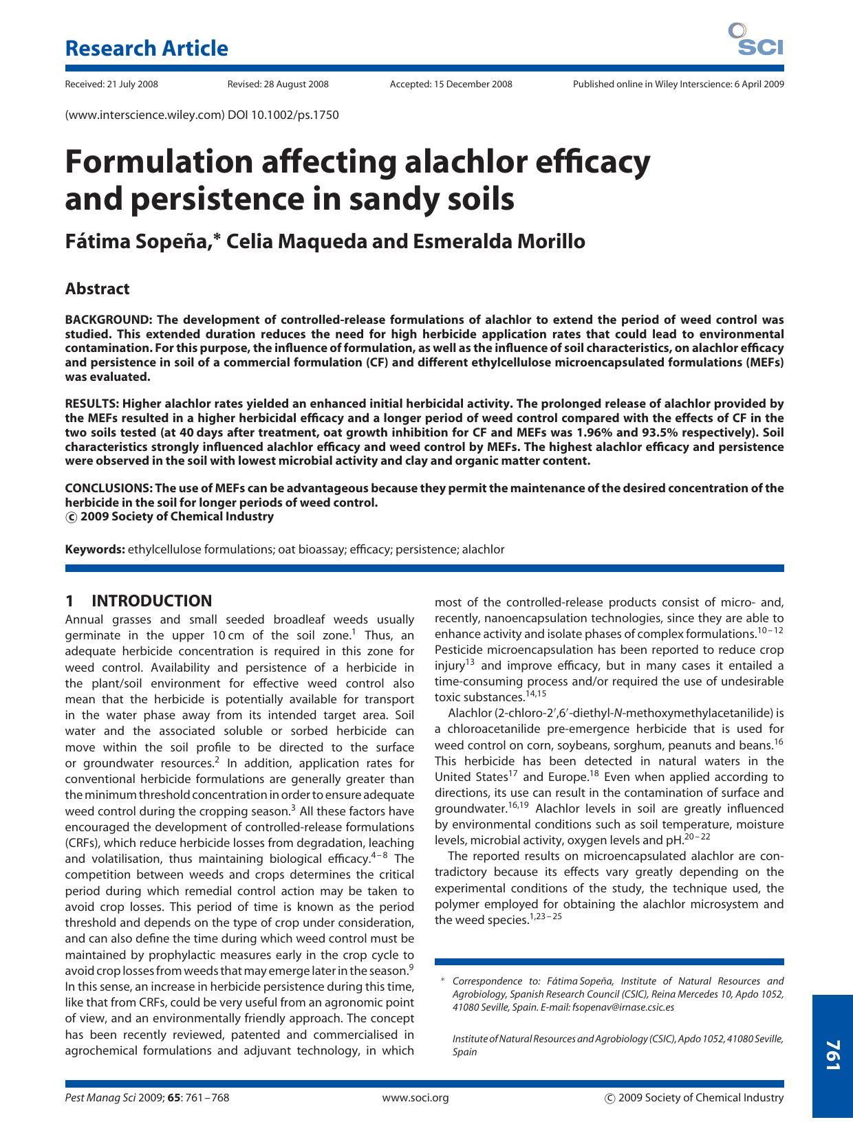 Formulation affecting alachlor efficacy and persistence in sandy soils by Unknown