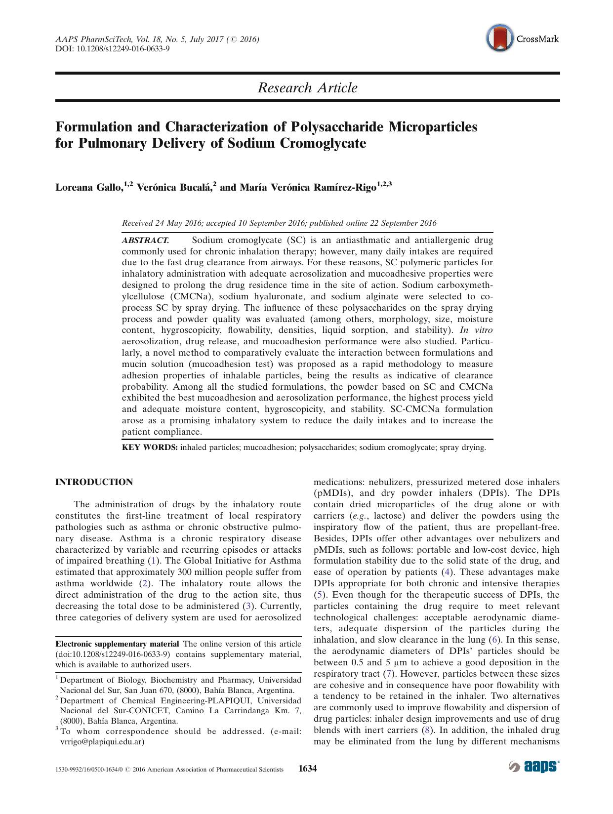 Formulation and Characterization of Polysaccharide Microparticles for Pulmonary Delivery of Sodium Cromoglycate by Loreana Gallo & Verónica Bucalá & María Verónica Ramírez-Rigo