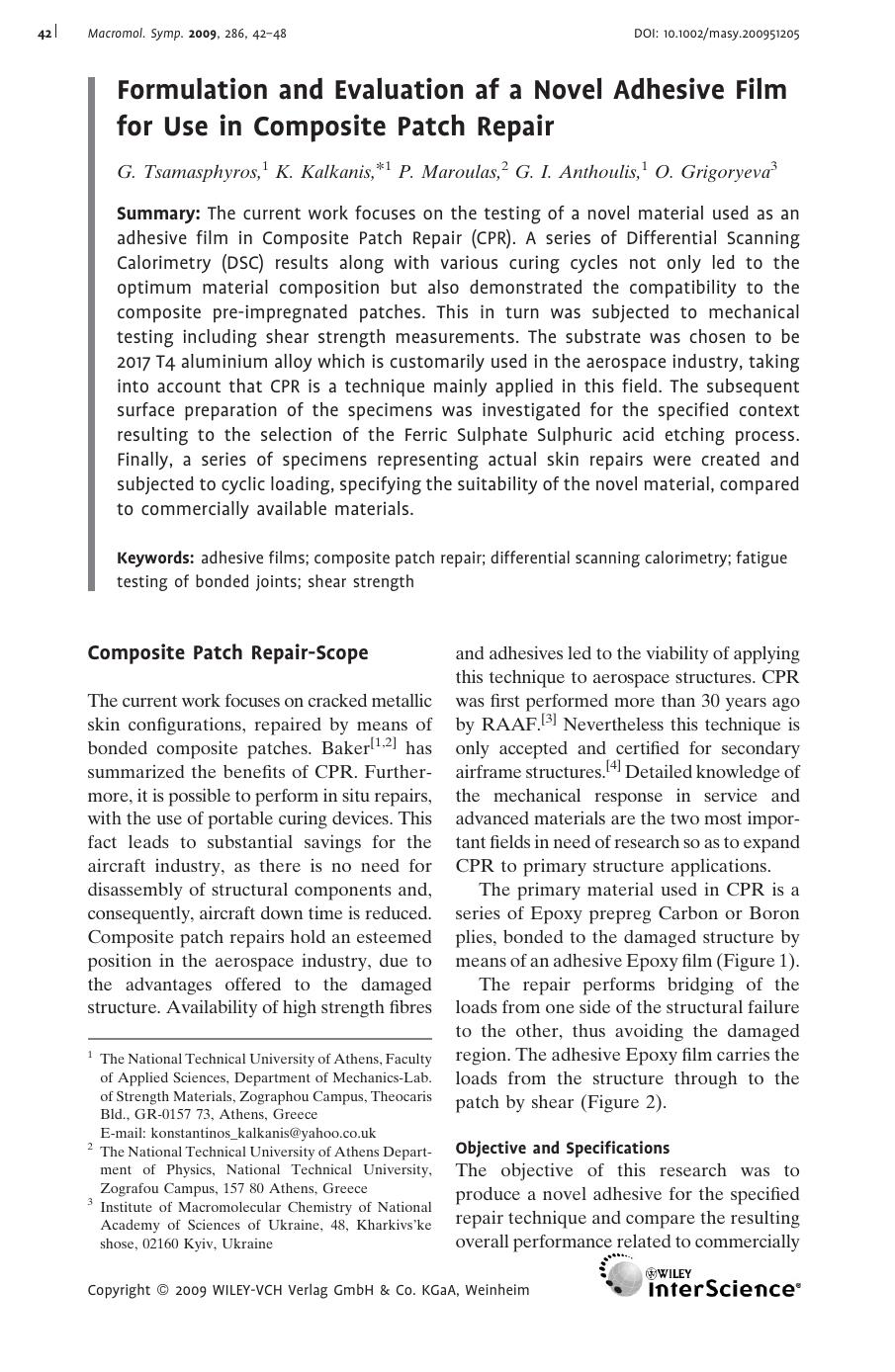 Formulation and Evaluation af a Novel Adhesive Film for Use in Composite Patch Repair by Unknown