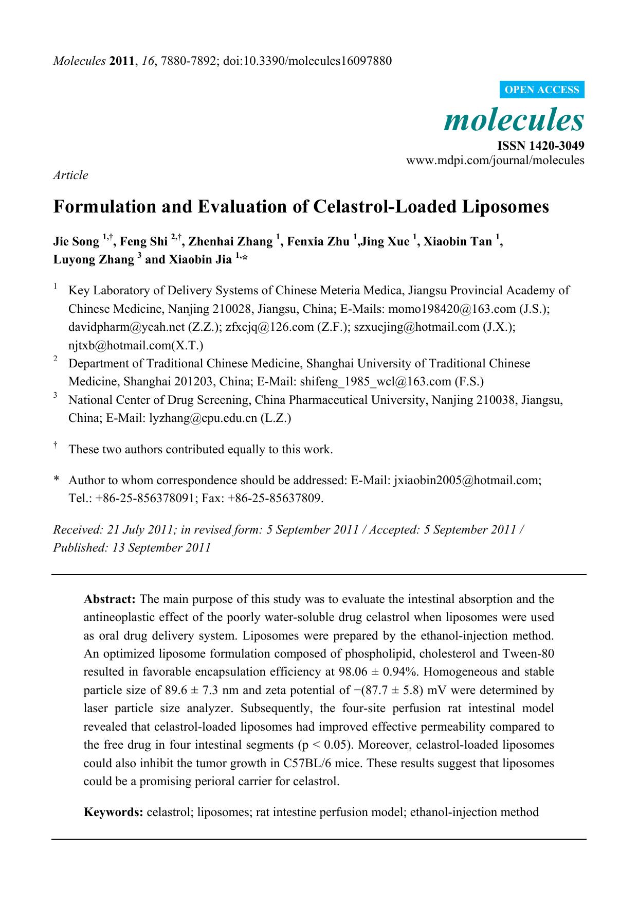 Formulation and Evaluation of Celastrol-Loaded Liposomes by unknow