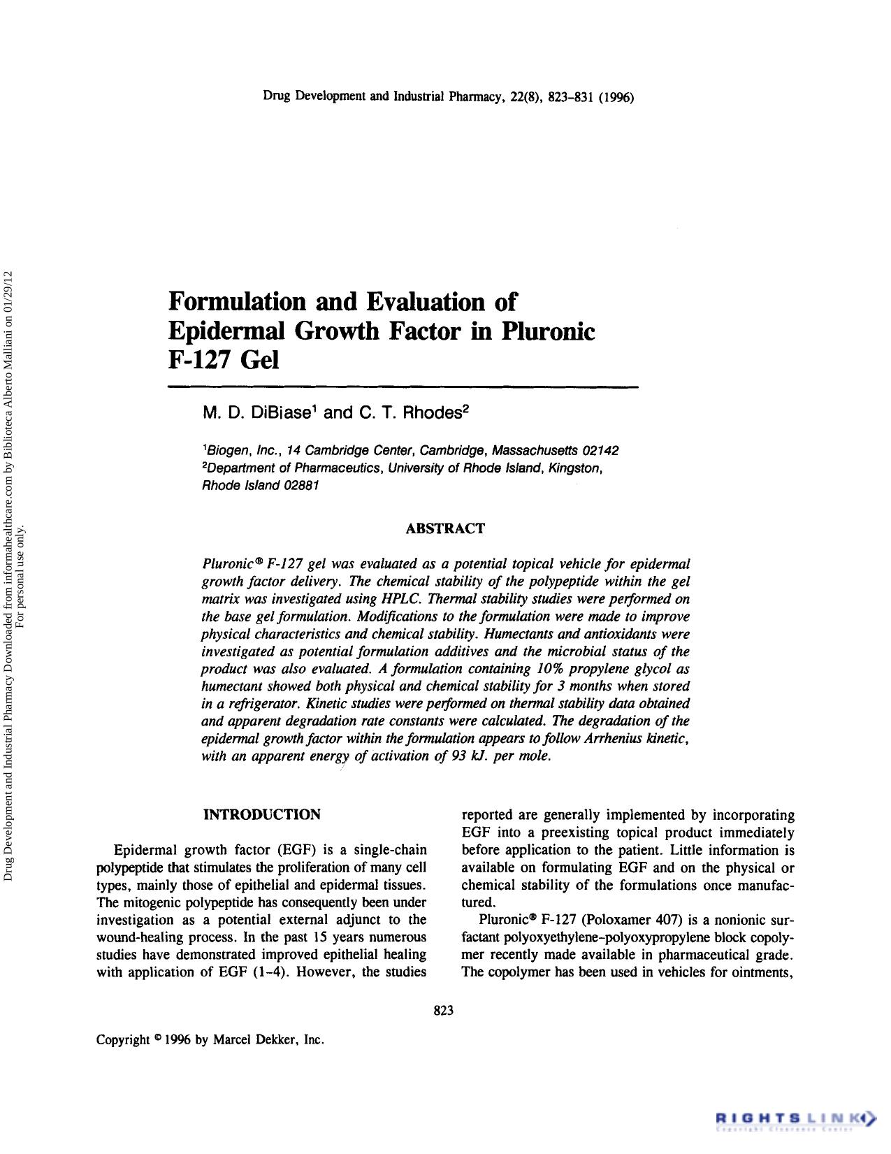 Formulation and Evaluation of Epidermal Growth Factor in Pluronic F-127 Gel by M. D. Dibiase & C. T. Rhodes