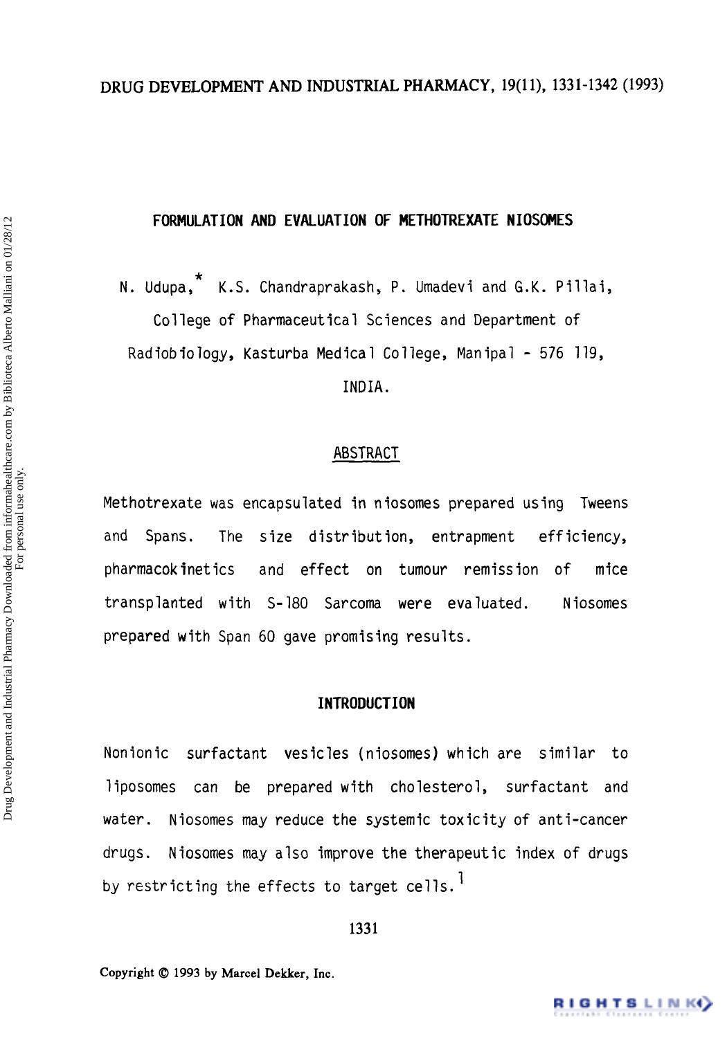 Formulation and Evaluation of Methotrexate Niosomes by N. Udupa K. S. Chandraprakash P. Umadevi & G. K. Pillai