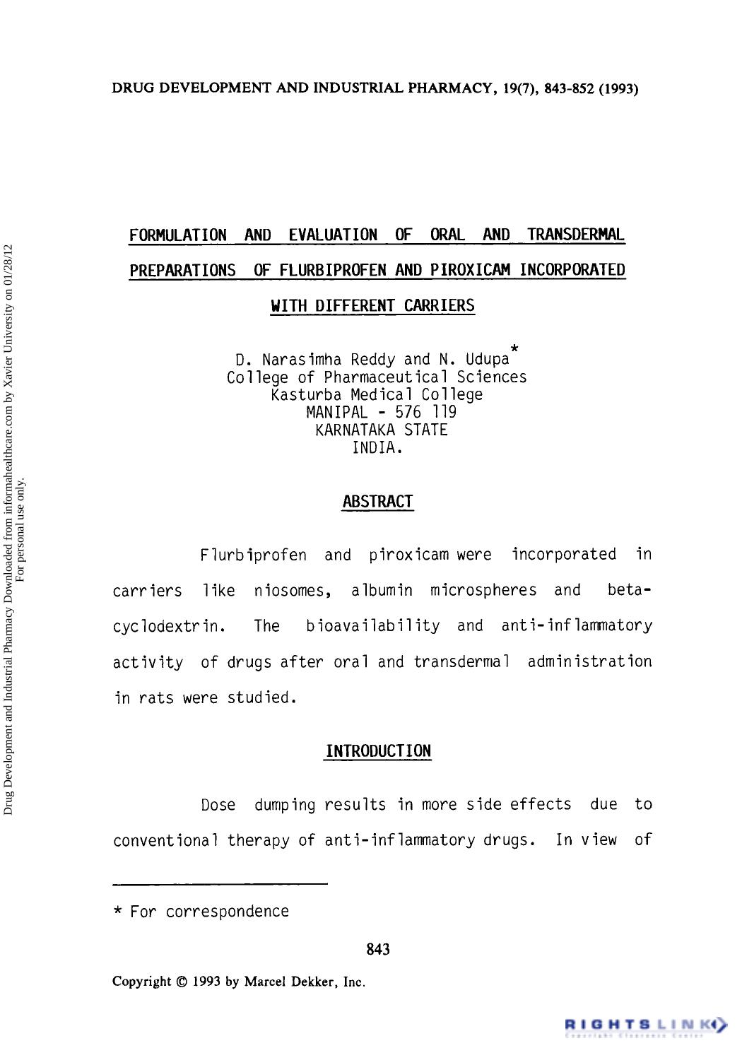 Formulation and Evaluation of Oral and Transdermal Preparations of Flurbiprofen and Piroxicam Incorporated with Different Carriers by D. Narasimha Reddy & N. Udupa