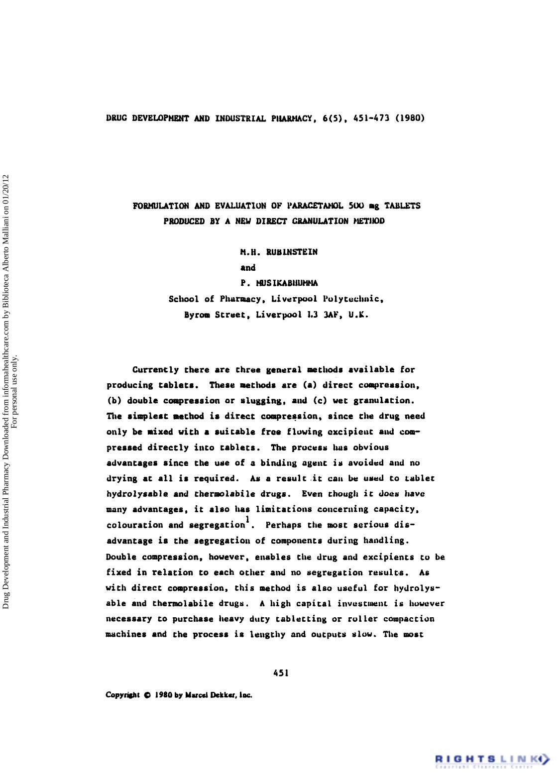 Formulation and Evaluation of Paracetamol 500 G Tablets Produced by a New Direct Cranulation Method by M. H. Rubinstein & P. Musikabmumma