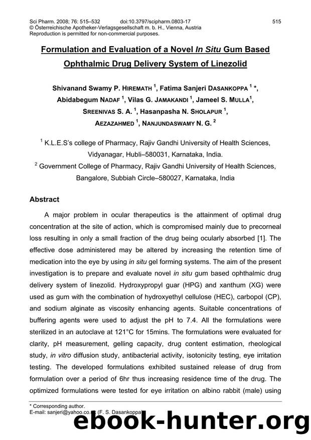 Formulation and Evaluation of a Novel In Situ Gum based Opthalmic Drug Delivery System of Linezolid by unknow