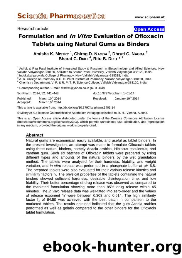 Formulation and In Vitro Evaluation of Ofloxacin Tablets using Natural Gums as Binders by Amisha K. MISTRY Chirag D. NAGDA Dhruti C. NAGDA Bharat C. DIXIT Ritu B. DIXIT